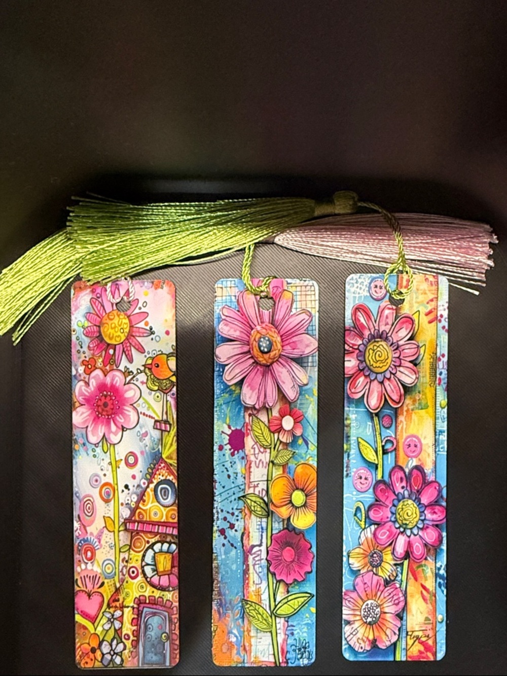 NEW Set of 3 vibrant Floral Metal Bookmarks with Tassels - Bright Multicolor